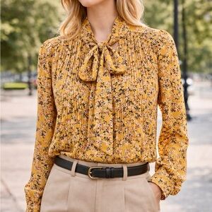 Nanette Lepore Mustard Floral Tie-Neck Blouse
